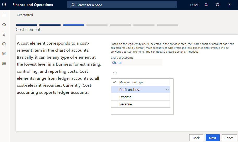 Screenshot of the Cost accounting Get started wizard, showing how to select the main account type.