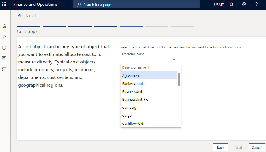 Screenshot of the Cost accounting Get started wizard, showing how to select Financial Dimensions.