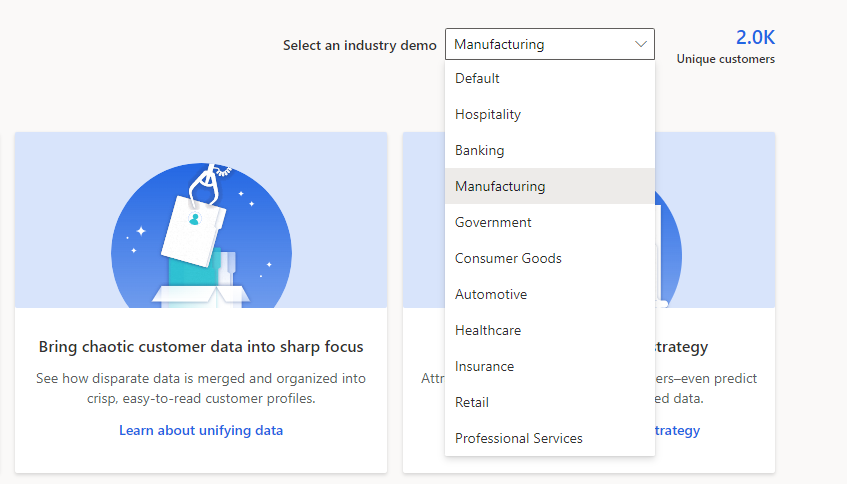 Screenshot of the dashboard showing the Select an industry demo list dropped down to reveal Manufacturing and other demos.