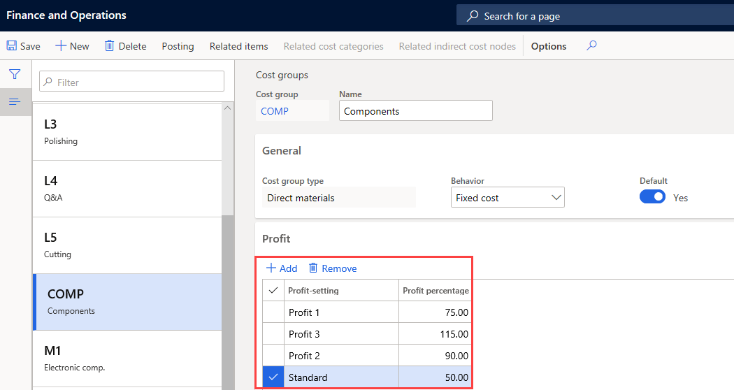 Screenshot of the  Cost groups page highlighting the Profit tab.