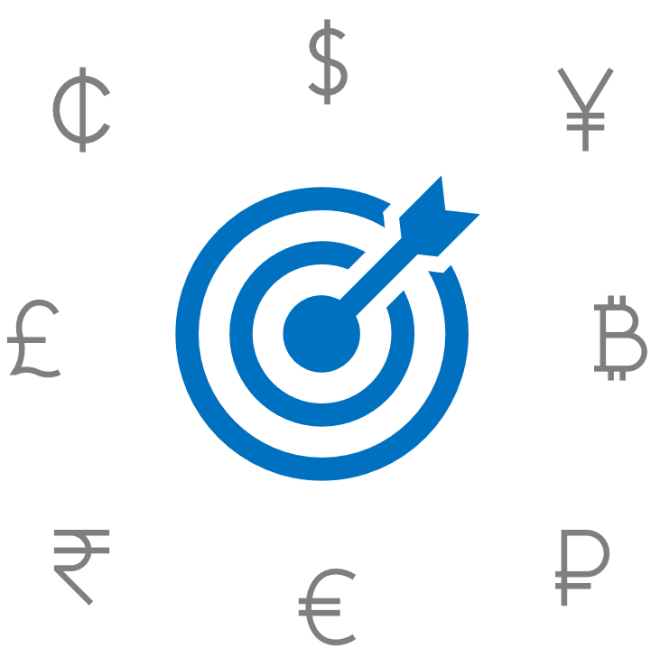  Image of a target and arrow surrounded by currency symbols.
