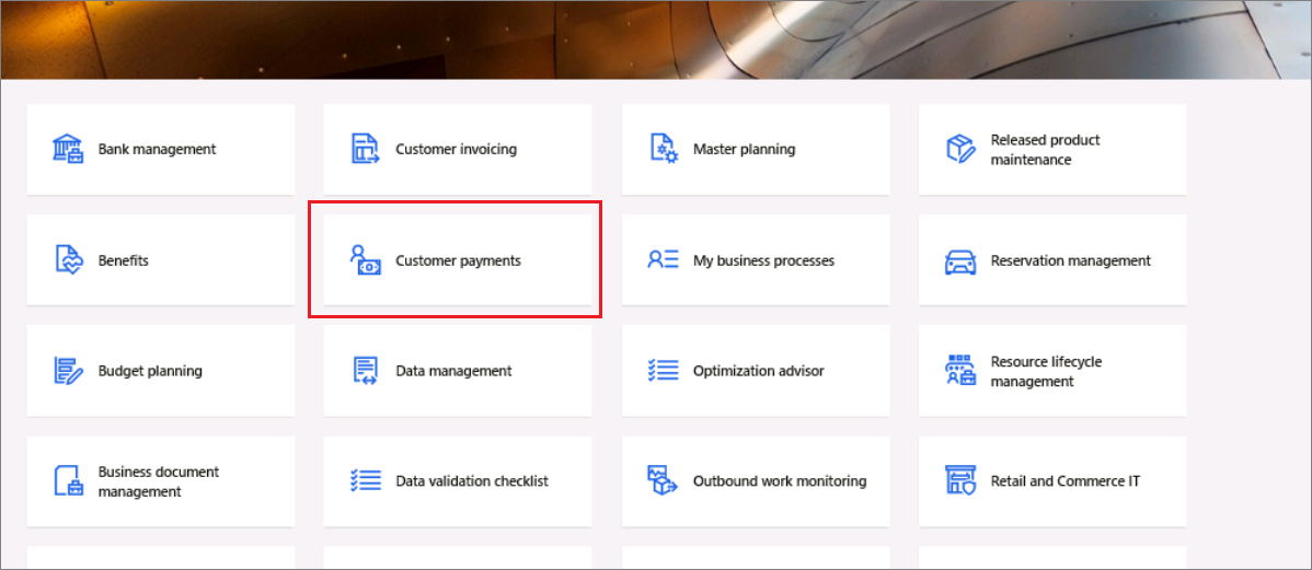 Screenshot of the Home page with the Customer payments tile highlighted.