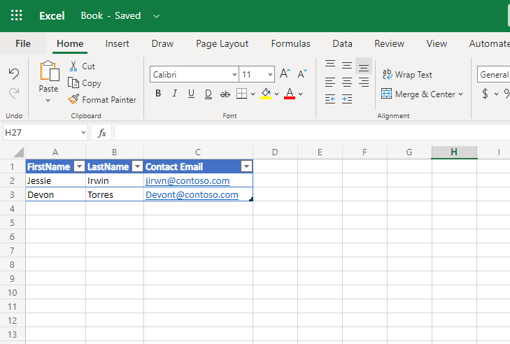 Screenshot of the Excel table.