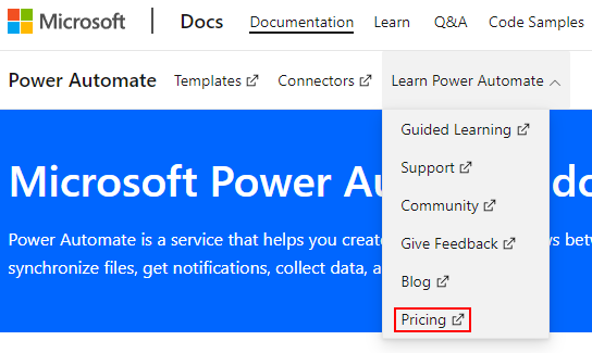 Screenshot of pricing button highlighted in the Power Automate documentation page.