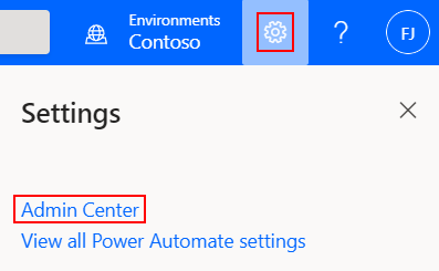 Screenshot of Settings button and the Settings menu expanded with the Admin Center option highlighted.