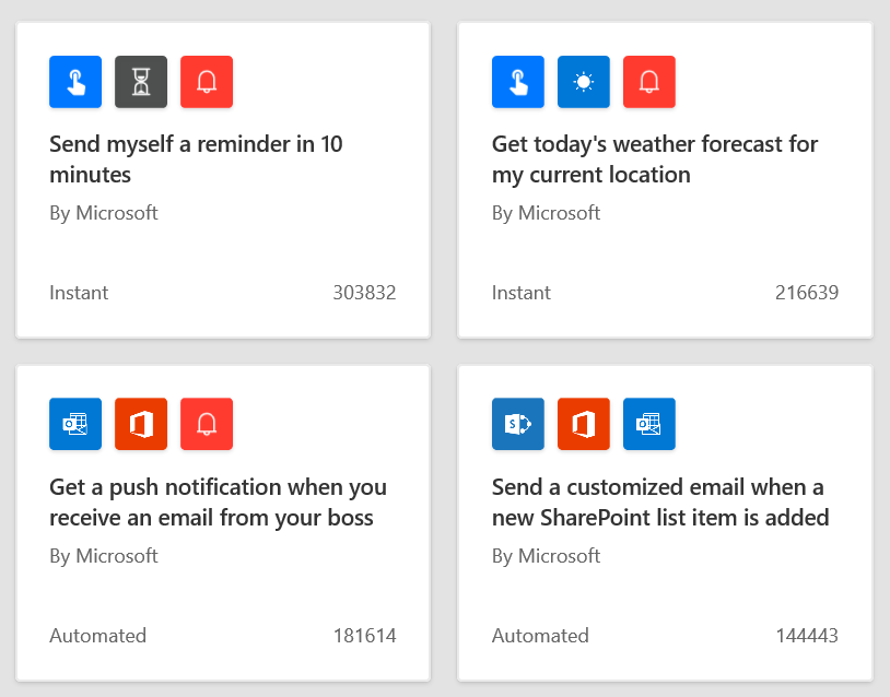 Screenshot of a list of Microsoft templates.