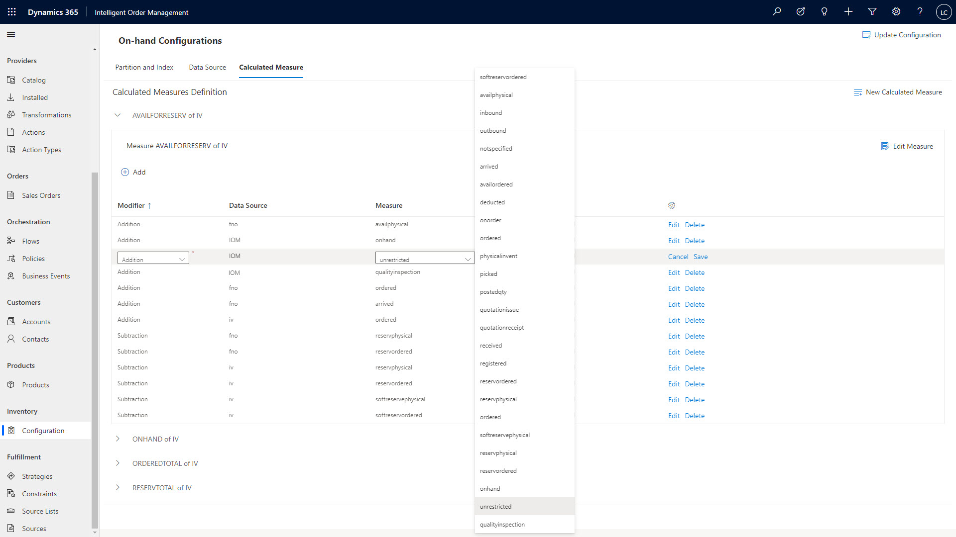 Screenshot of the On-hand configurations page in inventory visibility.