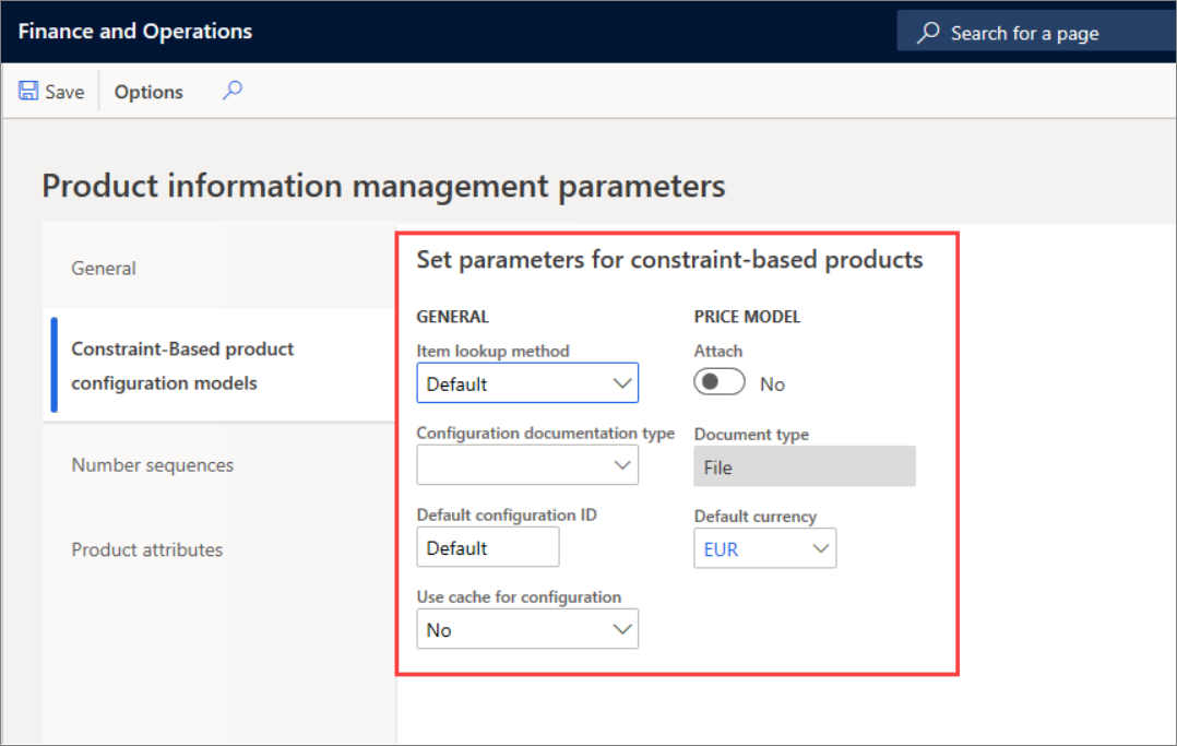 Screenshot of the Constraint-Based product configuration model tab on the Product information management parameters page.