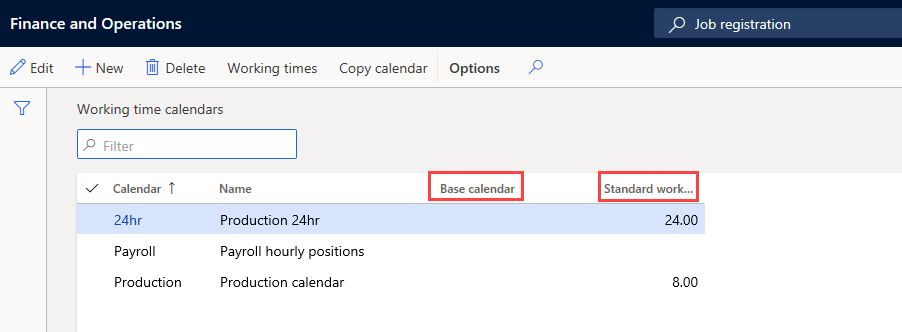 Screenshot of the Working time calendars page.