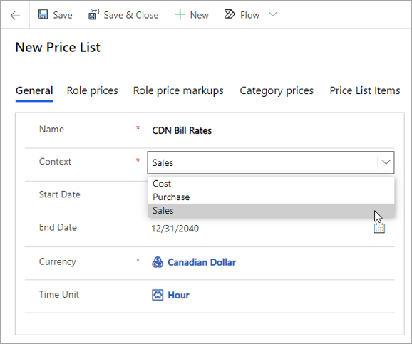 Screenshot of the General tab on the NewPrice List page.