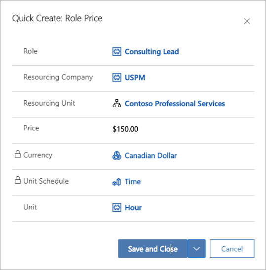 Screenshot of the Quick Create Role Price page.