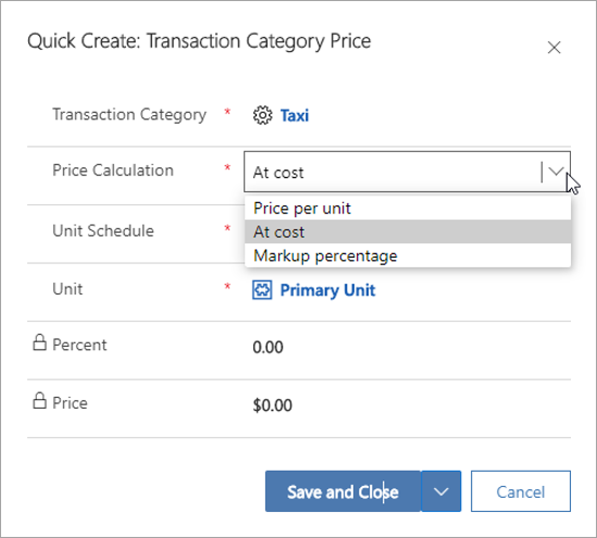 Screenshot of the Quick Create Transaction Category Price page.