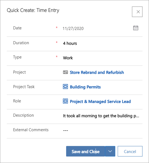 Screenshot of the Quick Create Time Entry page.