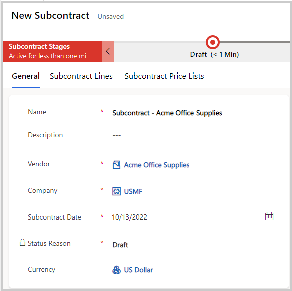 Screenshot showing the General tab on the New Subcontract page.