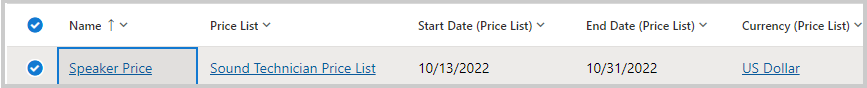 Screenshot showing the Speaker Price line item within the Sound technician price list.