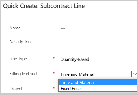 Screenshot of the Quick Create Subcontract Line showing the Billing Method options.