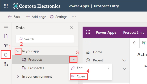 Screenshot of the steps to get to your table editor inside of the Power Apps editor.