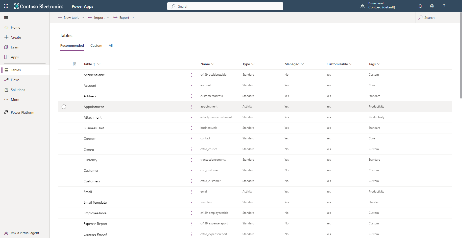 Screenshot of Power Apps showing a list of the standard tables in Dataverse.