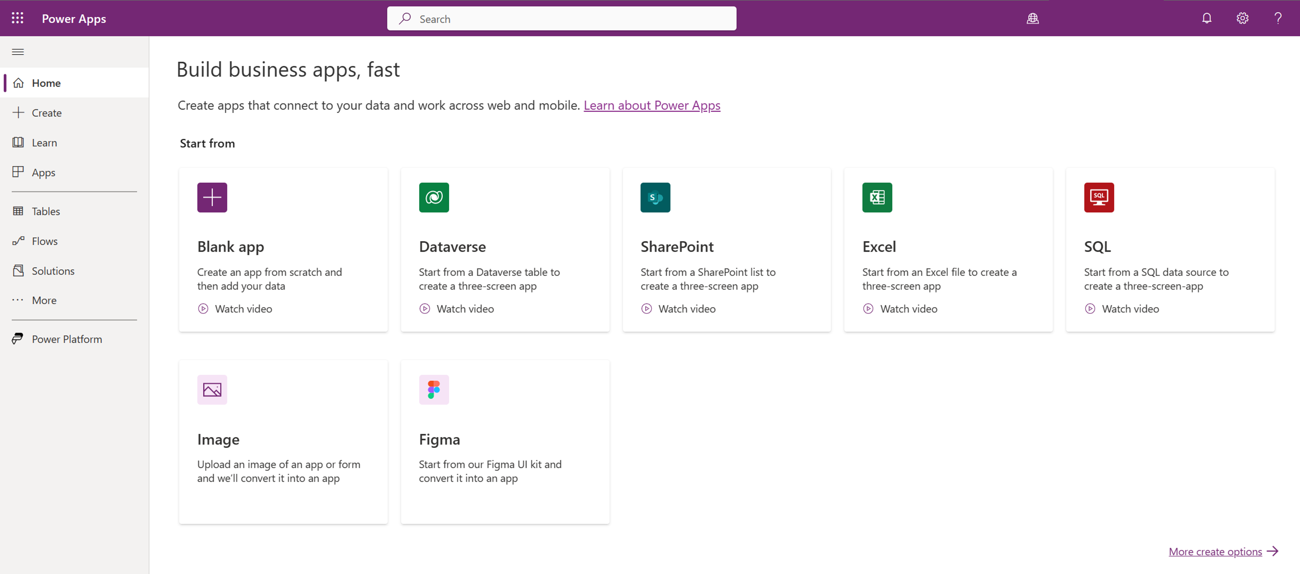 Screenshot of the Power Apps home page view.