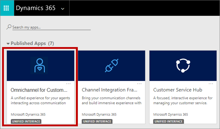 Screenshot of the published apps with Omnichannel for Customer Service highlighted.