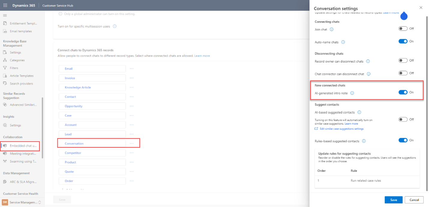 Screenshot of Enable the settings for AI-suggested contacts.