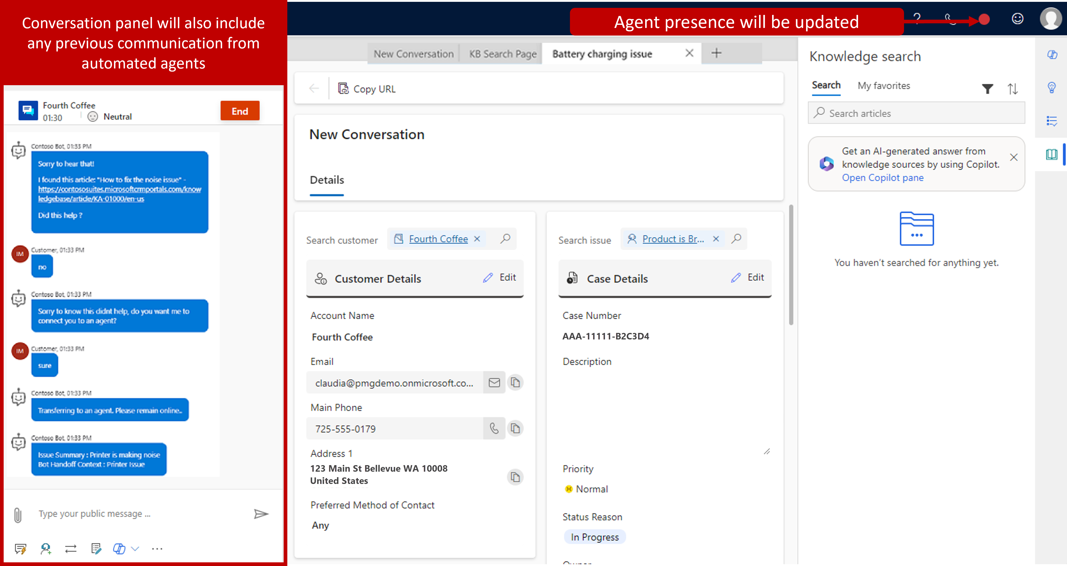 Screenshot of the Conversation panel and Agent presence updated.