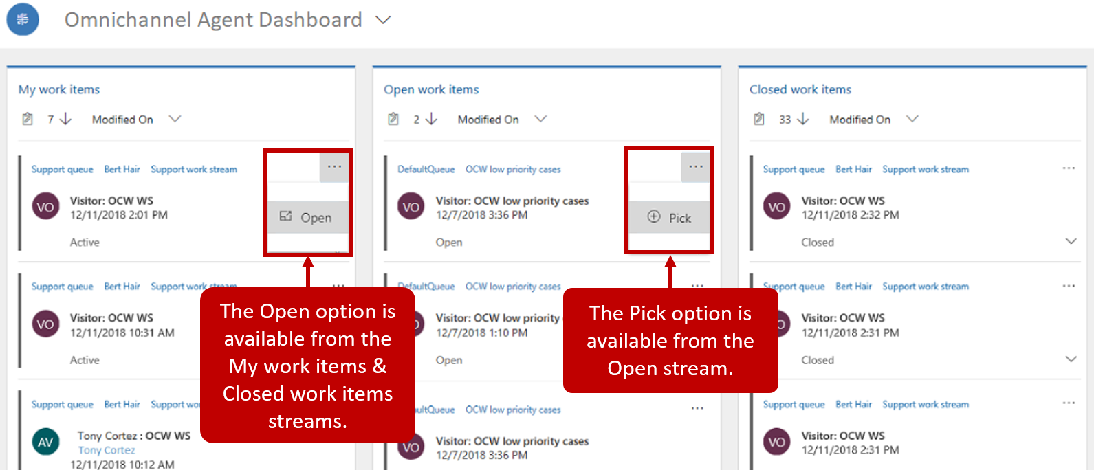 Screenshot of the Omnichannel Agent Dashboard screen with the Open and Pick options highlighted.