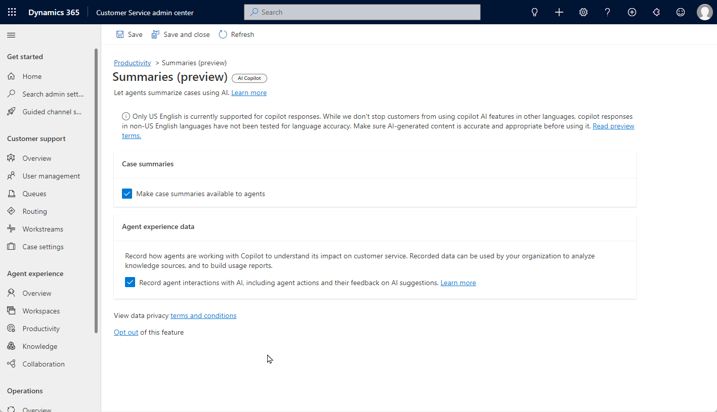 Screenshot of Summaries preview with Make case summaries available to agents selected.