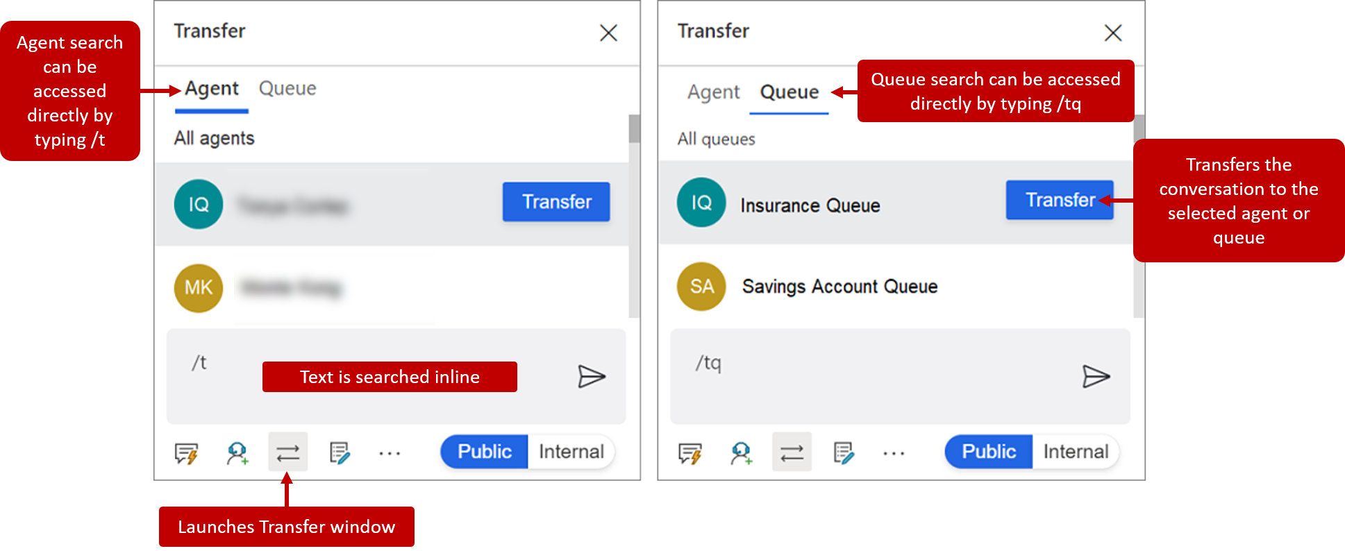 Screenshot of the Transfer window to transfer a chat to another agent or queue.