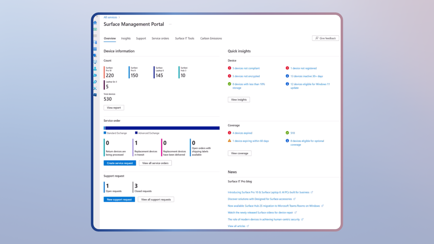 Screenshot of Surface device health and inventory data in Surface Management Portal.