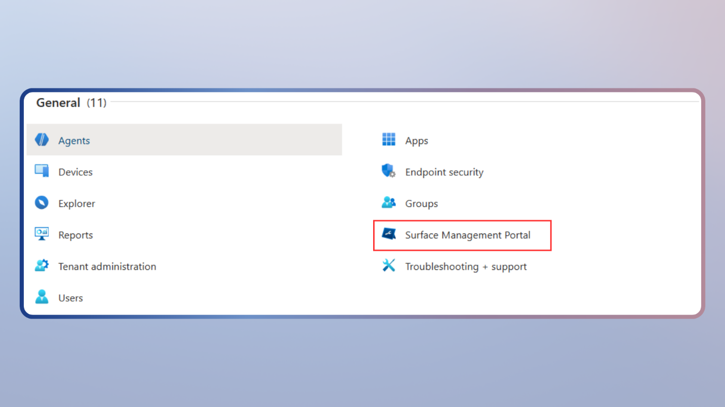 Screenshot of Surface Management Portal visibility in Intune Admin Center.