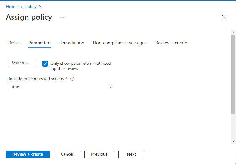 Screenshot showing the Azure Policy parameter assignment page.