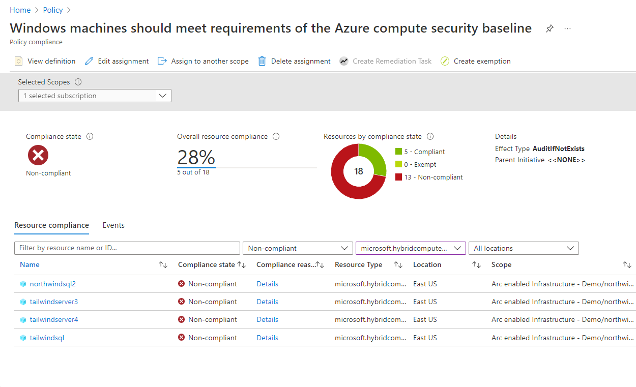 Screenshot showing how to filter results on the Azure Policy assignment page.