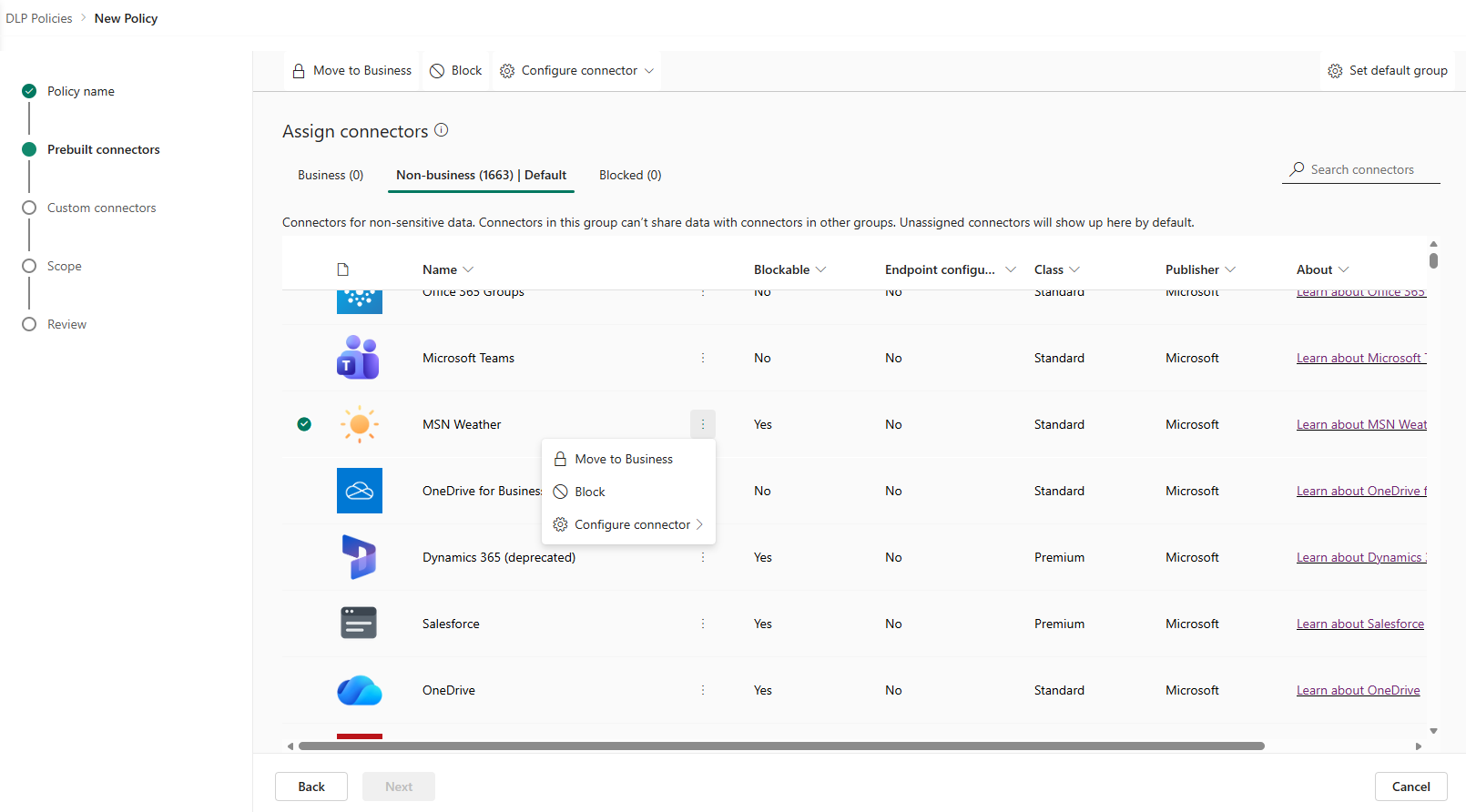 Screenshot of PPAC DLP policy Connector Actions page showing individual actions with Allow/Block toggles.