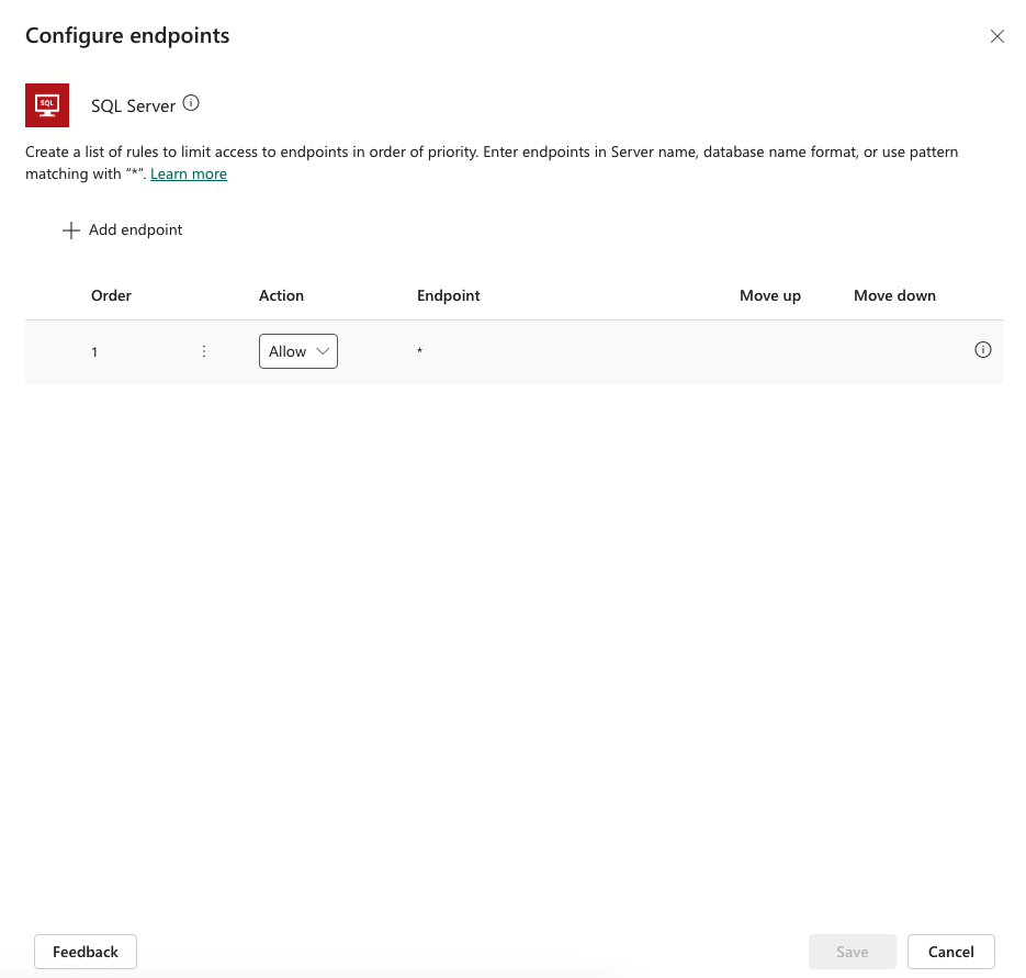Screenshot of PPAC DLP policy Connector Endpoints page showing URL patterns with Allow/Deny rules.