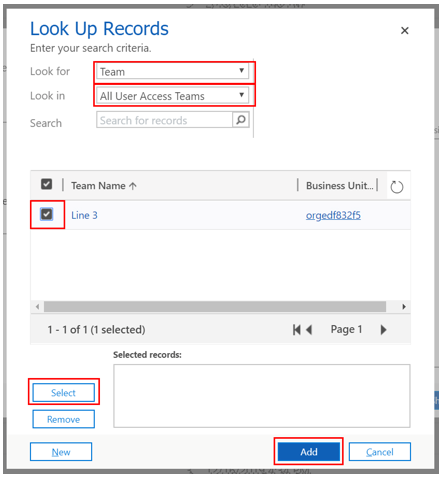 Screenshot of the Look up records dialog box, and the steps to add access teams.