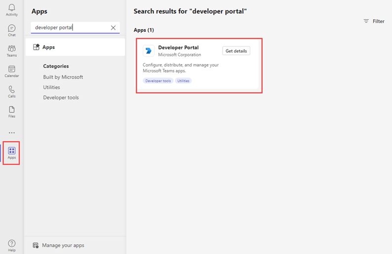 Screenshot that shows search results for Developer Portal.