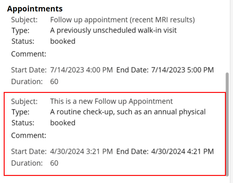 Screenshot of the Appointments gallery showing the newly created appointments.