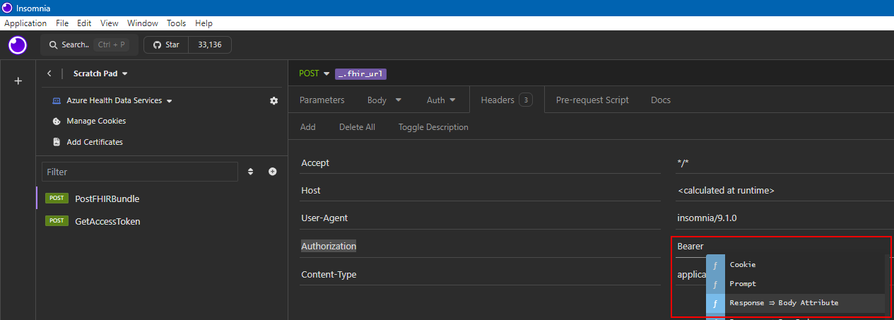 Screenshot of Insomnia showing the context menu open and the Response and Body attribute option highlighted.