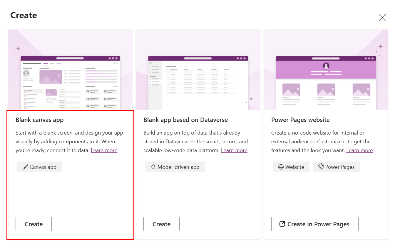 Screenshot of the Create page showing Blank canvas app highlighted.
