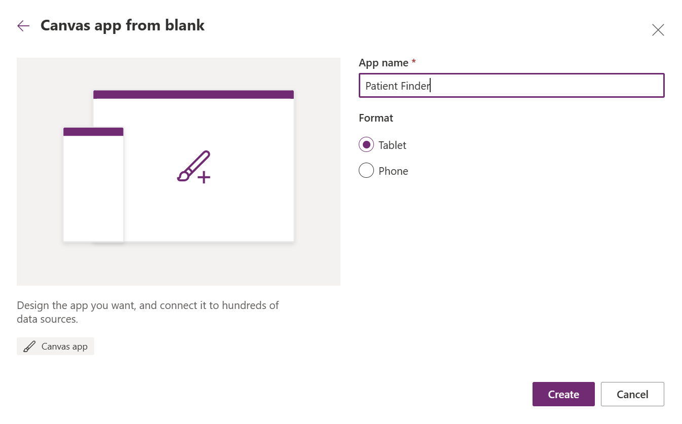Screenshot of Canvas app from blank with the App name set to Patient Finder.