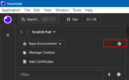 Screenshot of Insomnia with the settings icon highlighted.