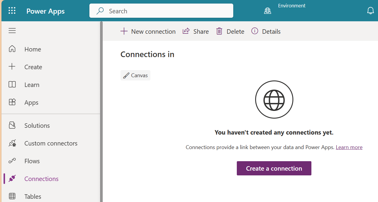 Screenshot of Power Apps with the Connections page selected.
