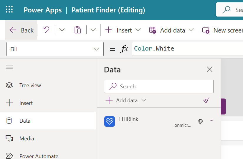 Screenshot of Power Apps on the Data page with F H I R link selected.