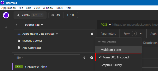 Screenshot of Insomnia on the Body tab with the Form set to Form U R L Encoded.