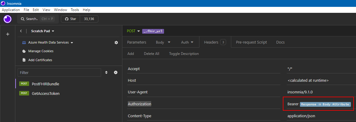 Screenshot of Insomnia with the Authorization set to Bearer Response Body attribute.