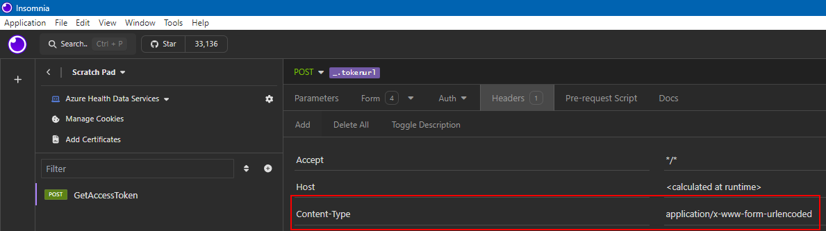 Screenshot of Insomnia on the Headers tab with the header Content Type highlighted.