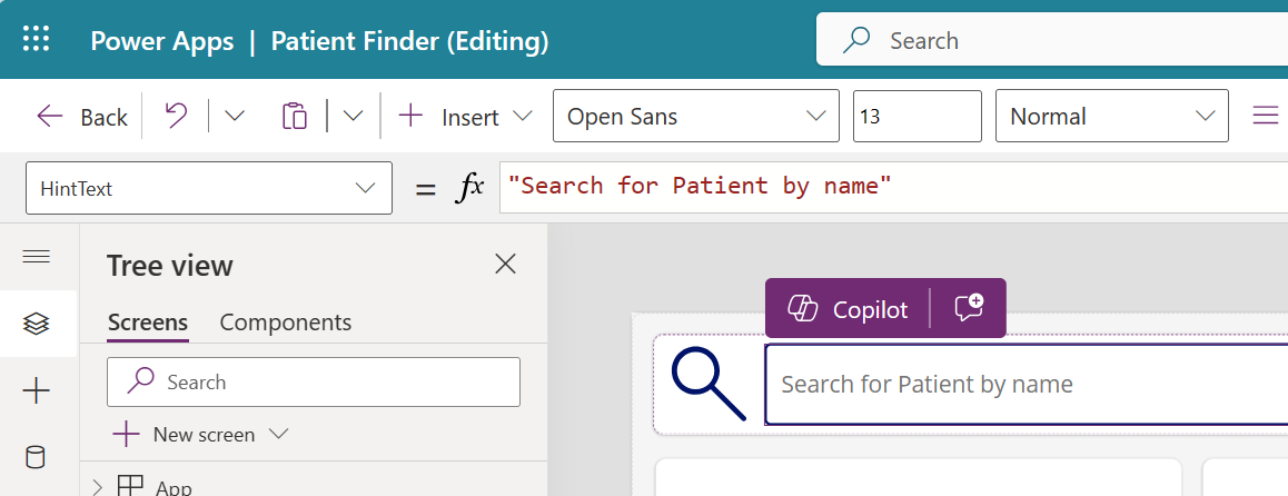 Screenshot of Power Apps showing Hint Text set to Search for patient by name.
