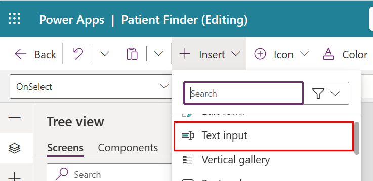 Screenshot of Power Apps with the Insert menu expanded to show search results for text input.