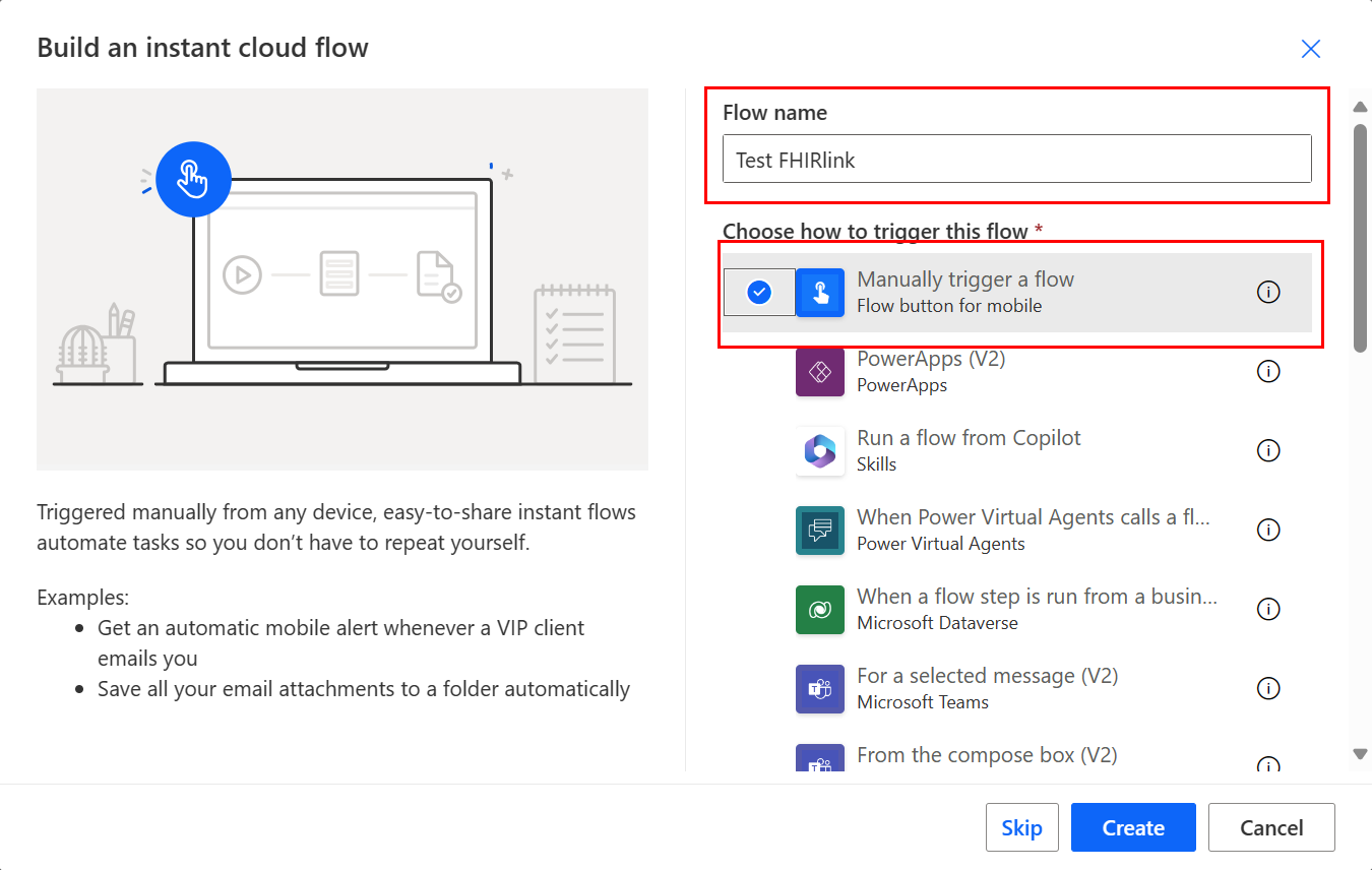 Screenshot of the Build an instant cloud flow dialog with Manually trigger a flow and the Flow name highlighted.